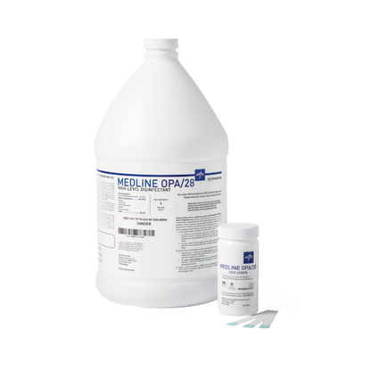 A large white gallon bottle labeled "Medline OPA Disinfectant - Powerful, High-Level Disinfectant" stands next to a small white container and a few test strips on a white background.