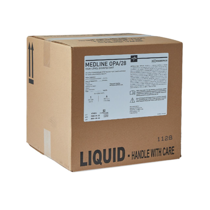 A brown cardboard box labeled "LIQUID - HANDLE WITH CARE" contains Medline OPA Disinfectant—Powerful, High-Level Disinfectant—with handling symbols and product details printed on the side.