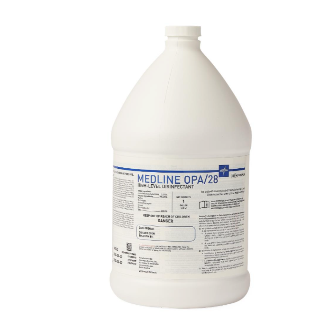 A large white gallon jug labeled Medline OPA Disinfectant—Powerful, High-Level Disinfectant—features safety info, blue and black text, and a white screw cap; perfect for those needing a strong disinfectant solution.