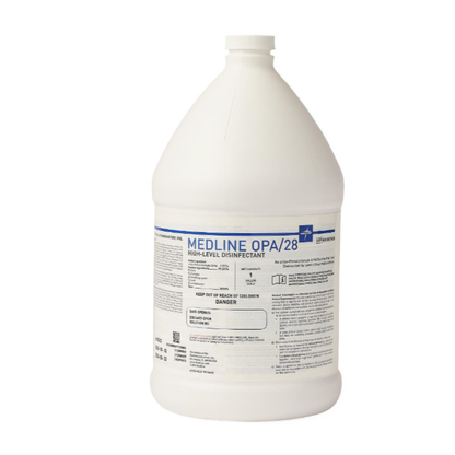 A large white gallon jug labeled Medline OPA Disinfectant—Powerful, High-Level Disinfectant—features safety info, blue and black text, and a white screw cap; perfect for those needing a strong disinfectant solution.