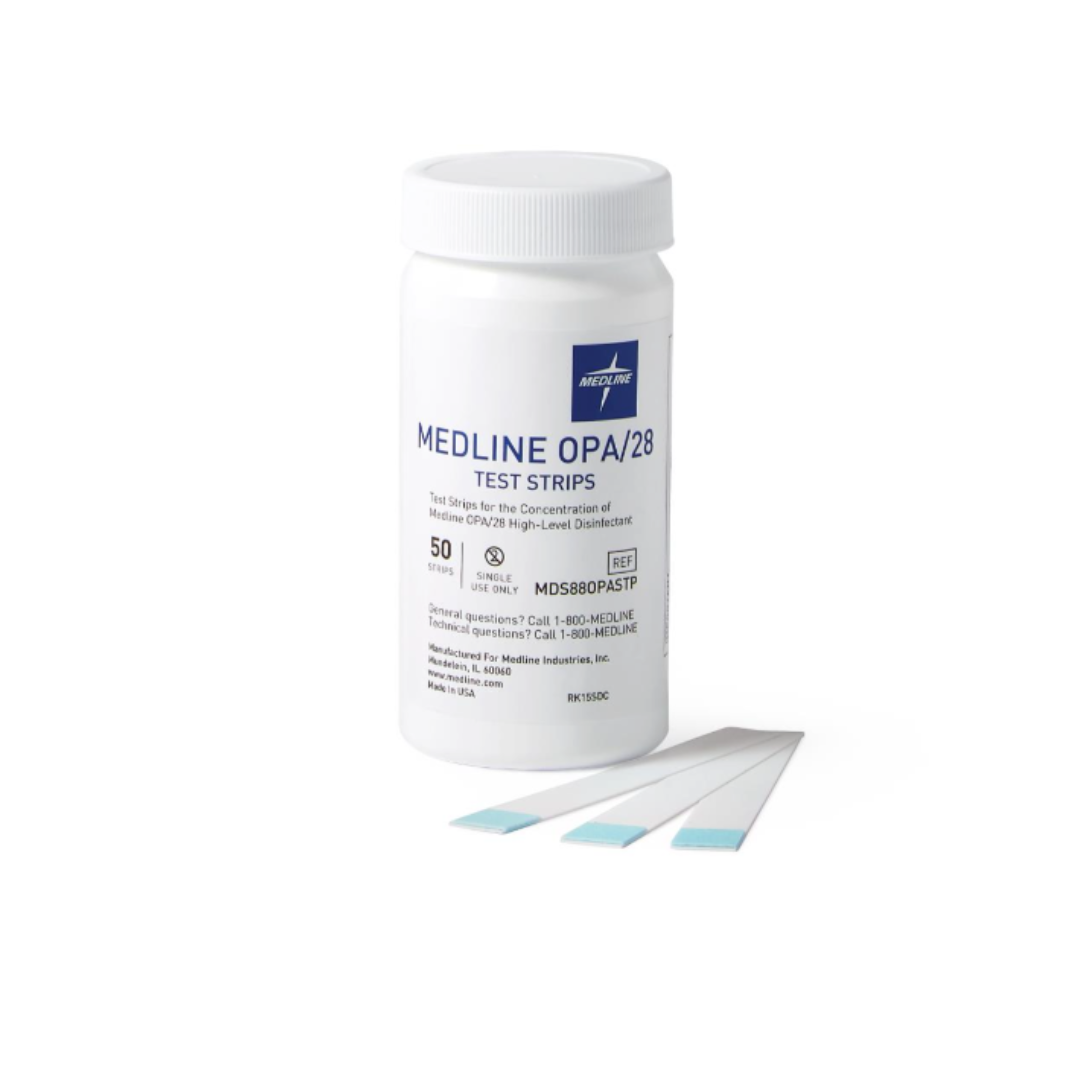 A white bottle labeled Medline OPA/28 Test Strips, for use with Medline OPA Disinfectant—Powerful, High-Level Disinfectant—is shown with 50 strips inside and three blue-tipped test strips on a white background.