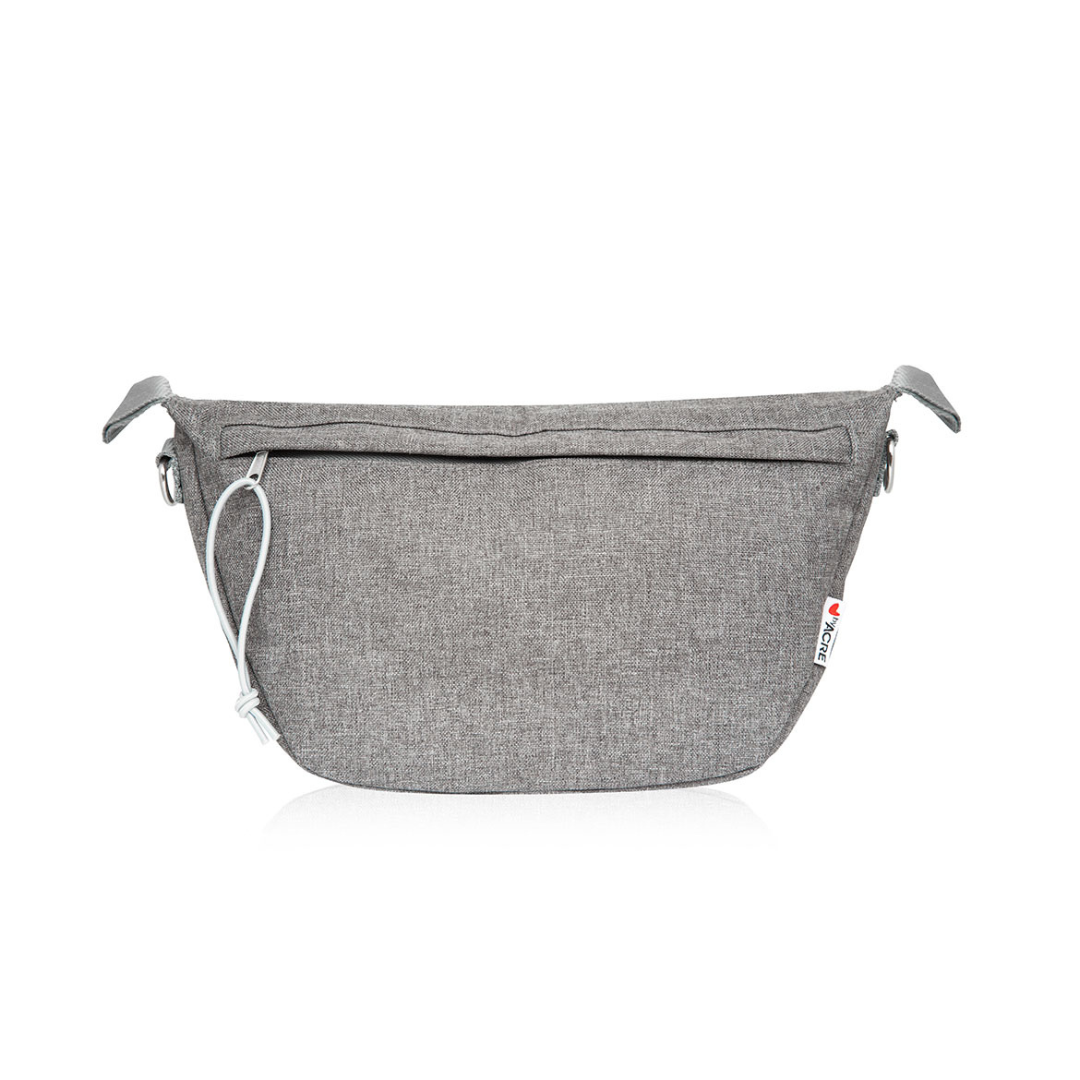 The Organizer Bag for ByAcre Carbon Fiber Rollators is a gray crossbody bag with textured fabric, a front zipper pocket, and a white tag with red accents—ideal for daily essentials and shown on a white background.