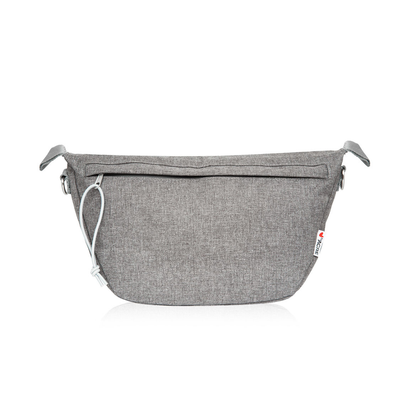 The Organizer Bag for ByAcre Carbon Fiber Rollators is a gray crossbody bag with textured fabric, a front zipper pocket, and a white tag with red accents—ideal for daily essentials and shown on a white background.