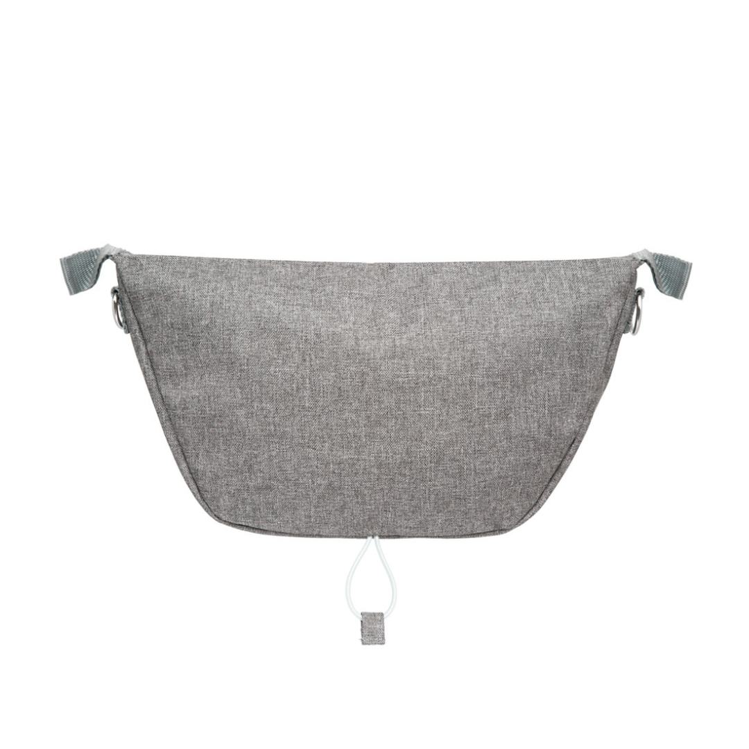 The Organizer Bag for ByAcre Carbon Fiber Rollators is a gray fabric bag with a minimalist textured design, two side straps for rollators, and a white bottom looped pull tab—ideal for carrying daily essentials.