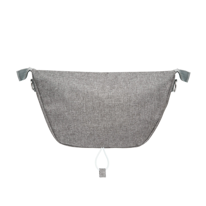 The Organizer Bag for ByAcre Carbon Fiber Rollators is a gray fabric bag with a minimalist textured design, two side straps for rollators, and a white bottom looped pull tab—ideal for carrying daily essentials.