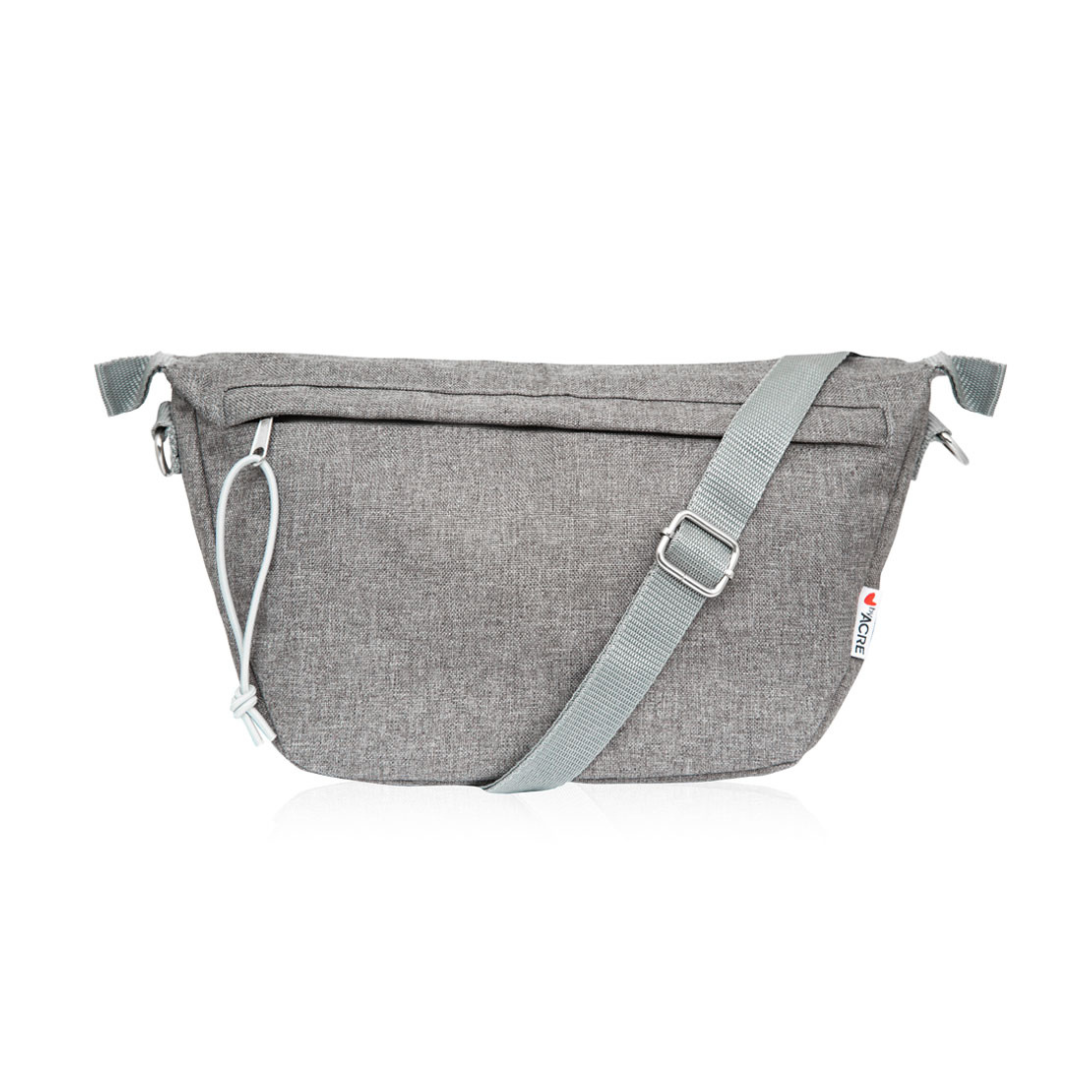 A gray Organizer Bag for ByAcre Carbon Fiber Rollators with a zippered front pocket, adjustable shoulder strap, and small side branded tag—ideal for daily essentials—shown against a white background.