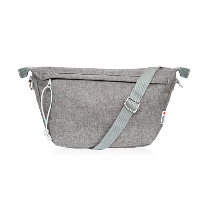A gray Organizer Bag for ByAcre Carbon Fiber Rollators with a zippered front pocket, adjustable shoulder strap, and small side branded tag—ideal for daily essentials—shown against a white background.