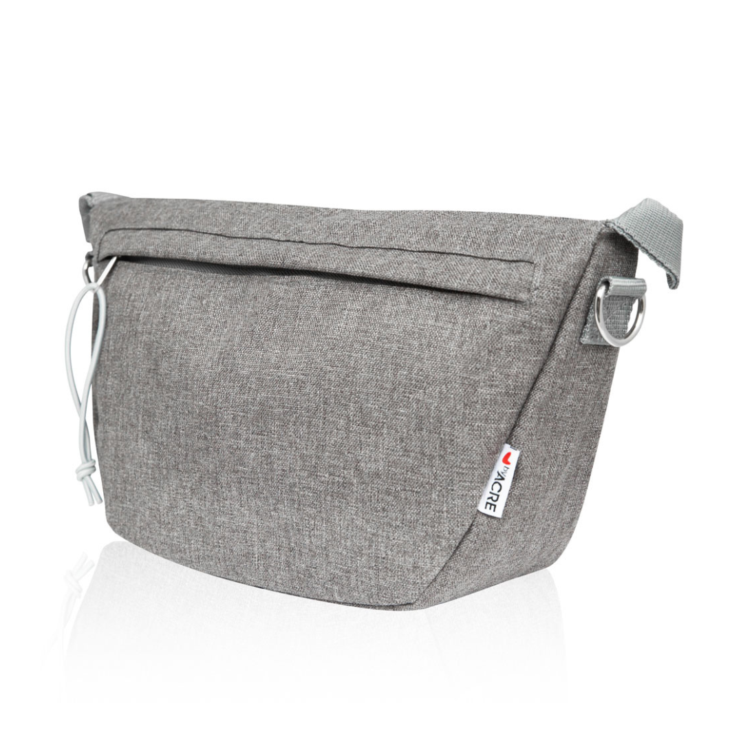 The Organizer Bag for ByAcre Carbon Fiber Rollators is a light gray crossbody with a zipper closure, minimalist design, and small “YACIE” tag—ideal as a rollator or mobility accessory, shown against a white background.