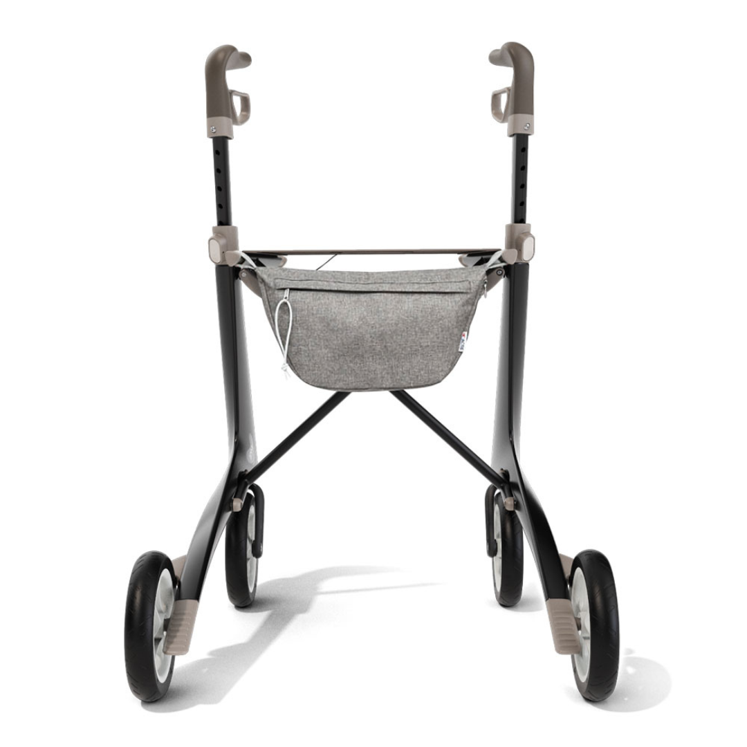 The Organizer Bag for ByAcre Carbon Fiber Rollators, attached to a lightweight four-wheeled walker with grey handles, is shown from the front against a white background—perfect for practical mobility storage.