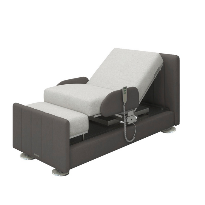 The Starsleep Orin Rotating Full Electric Lift Assist Bed, featuring a grey frame and upholstered cushions, operates with a Silent German Motor. It offers motorized reclining with remote control for seamless elevation of the head and foot sections.