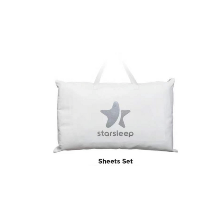 A white pillow-shaped package with two overlapping stars and Starsleep Orin logo reads 100% Cotton Sheets Set. It includes a top handle for easy transport.