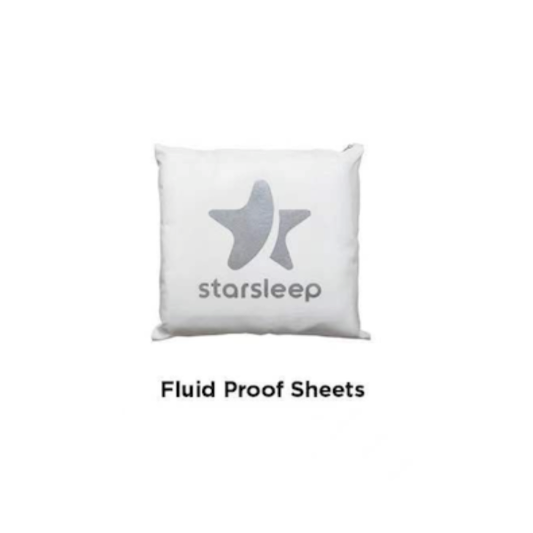 The Starsleep Orin features a star logo and starsleep in elegant print on a white pillow. Below, the phrase Fluid Proof 100% Cotton Sheets is displayed, accentuated by a clean white background highlighting its modern design.
