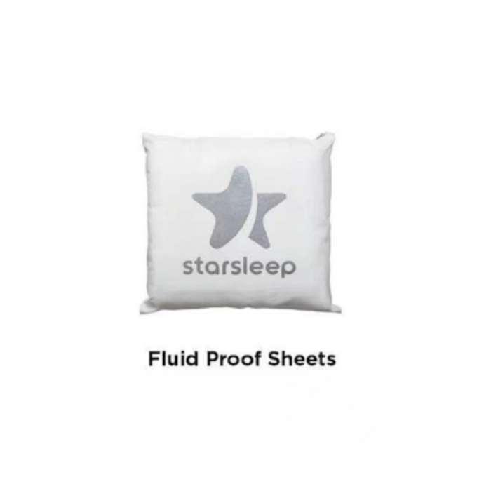 The Starsleep Orin features a star logo and starsleep in elegant print on a white pillow. Below, the phrase Fluid Proof 100% Cotton Sheets is displayed, accentuated by a clean white background highlighting its modern design.