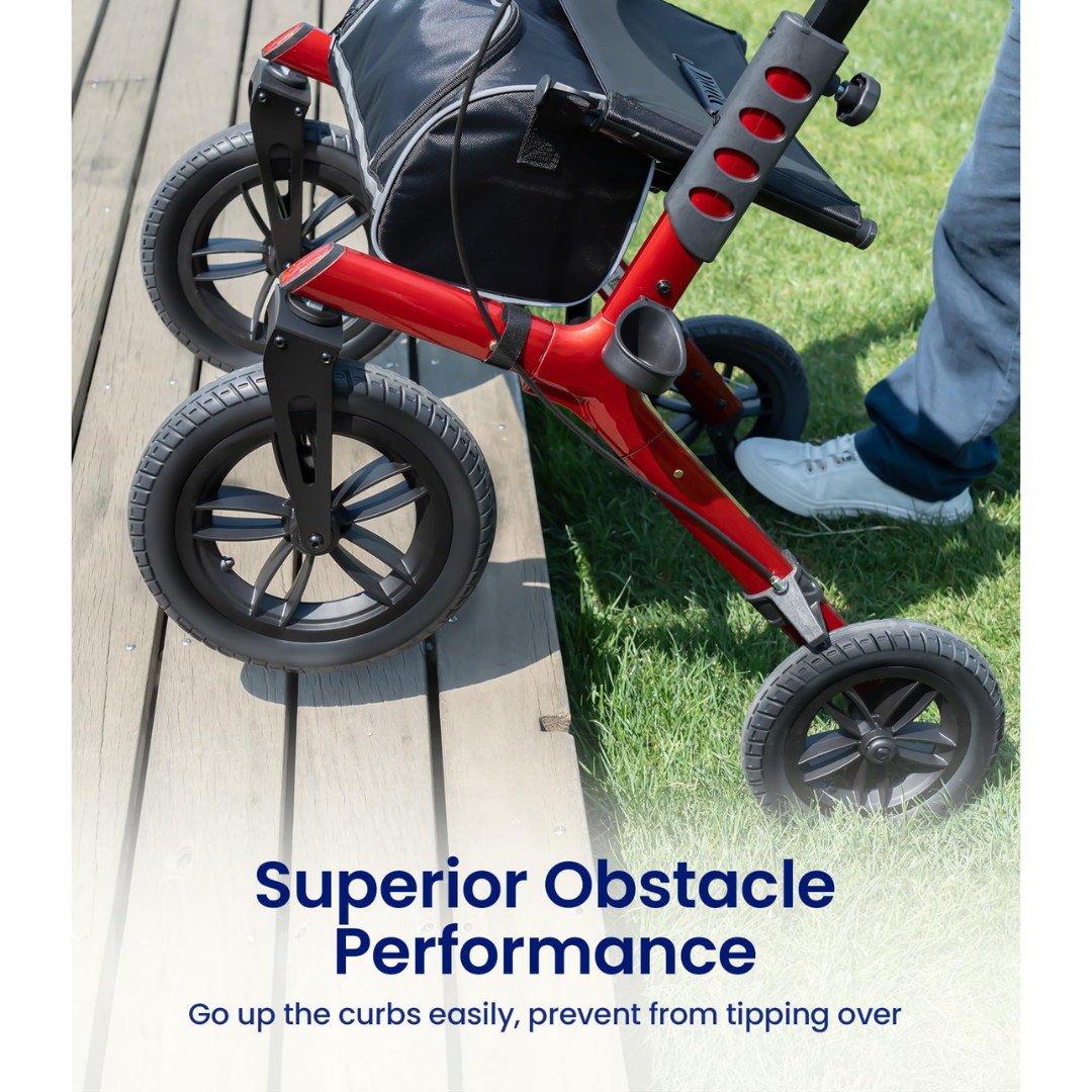 A VOCIC Z57 Outdoor Rollator Walker with XL 12″ All Terrain Wheels is shown moving from grass to a wooden surface. Text reads: Superior Obstacle Performance. Easily go up curbs and prevent tipping over. For more information, watch our videos or check the specifications and downloads available.