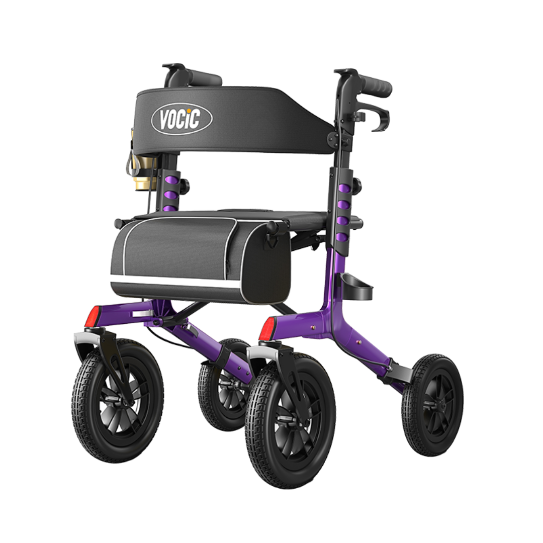 Introducing the VOCIC Z57 Outdoor Rollator Walker with XL 12″ All Terrain Wheels—a lightweight, foldable purple mobility aid featuring four large wheels, a black padded seat with a storage pouch underneath, ergonomic handles equipped with hand brakes, and a backrest labeled “VOCIC.” For detailed specifications and helpful videos, please refer to the available downloads.