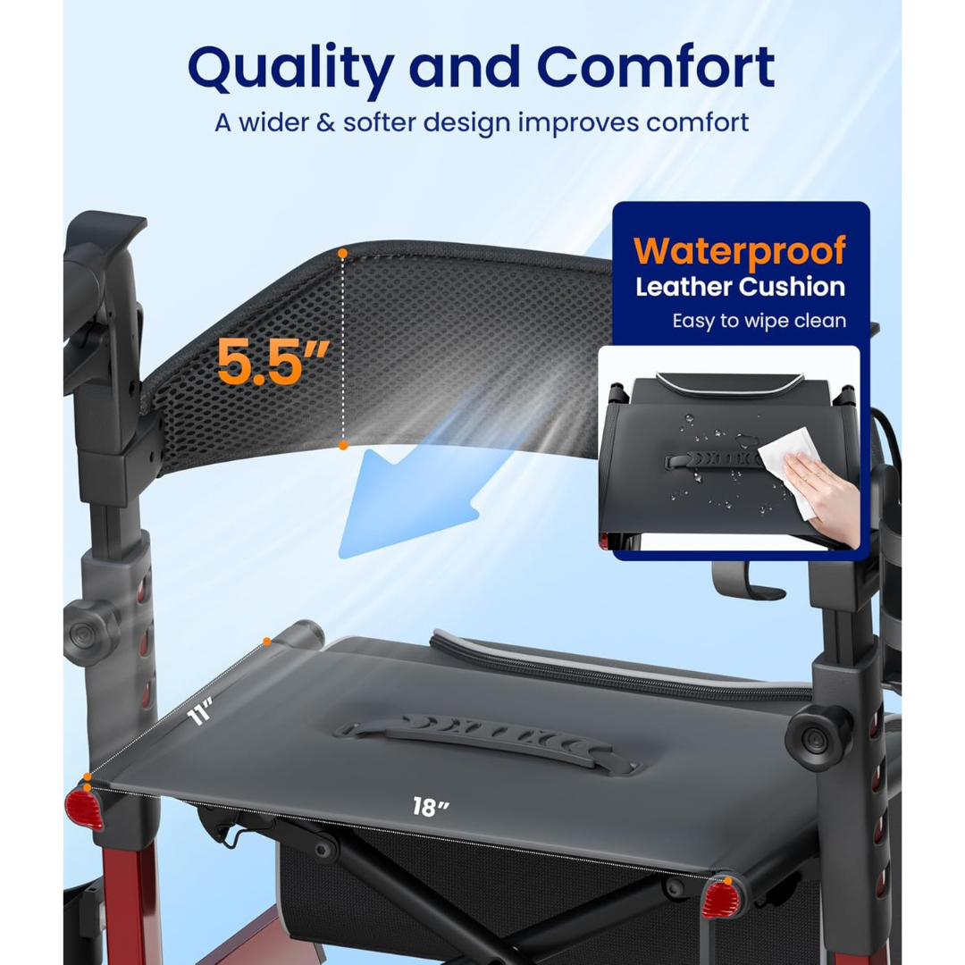 Experience effortless comfort and easy cleaning with the VOCIC Z57 Outdoor Rollator Walker, featuring a wide black backrest (5.5″ tall) for support and an 18x11″ waterproof leather seat cushion that wipes clean in seconds. Videos highlight its user-friendly design and plush feel, while comprehensive specifications ensure you know exactly what to expect from this rollator with XL 12″ all-terrain wheels.