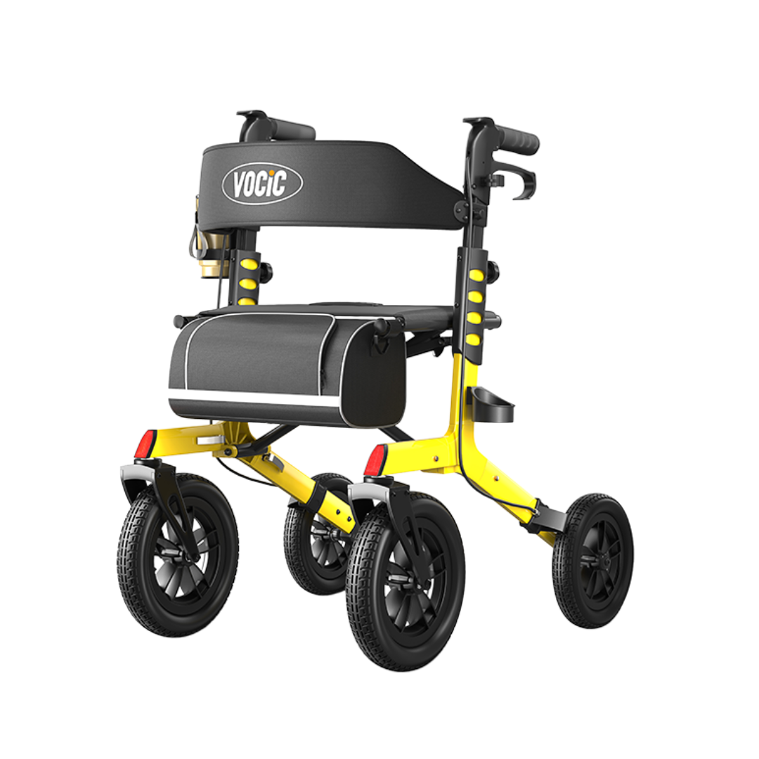 Introducing the Outdoor Rollator Walker with XL 12″ All Terrain Wheels | VOCIC Z57—a yellow and black rollator featuring four extra-large, all-terrain wheels, a padded seat, cushioned backrest with a visible VOCIC logo, ergonomic handles, lightweight frame, and a convenient storage bag beneath the seat. For more details—including specifications and helpful videos—please refer to the product resources.