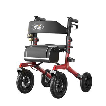 The VOCIC Z57 Outdoor Rollator Walker features XL 12″ all-terrain wheels, a red and black design, padded seat, storage bag, ergonomic handles, and a supportive backrest for enhanced mobility assistance. For detailed specifications or to access helpful videos and downloads, please refer to the product resources.