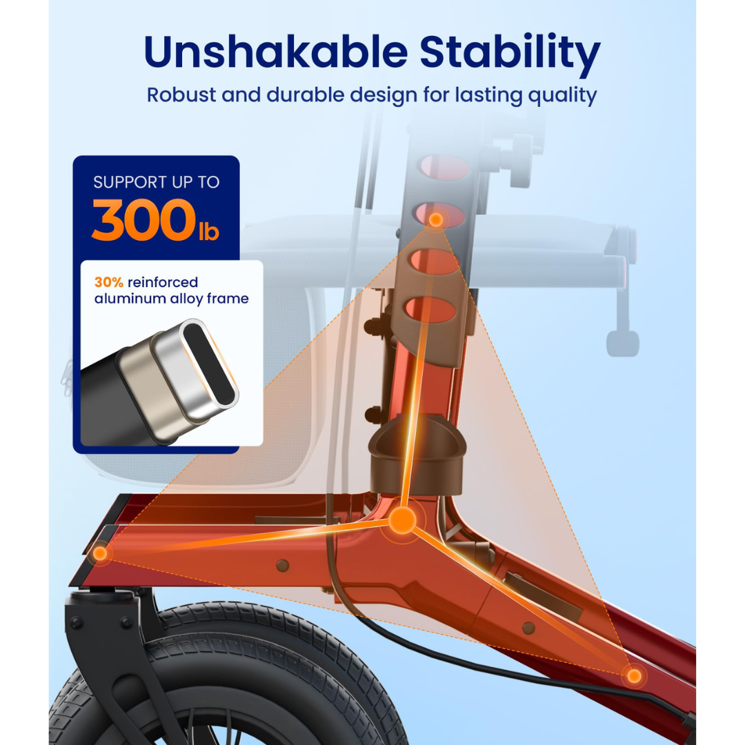 Diagram of the VOCIC Z57 Outdoor Rollator Walker frame highlighting its reinforced structure, with text stating Supports up to 300 lb and features a 30% reinforced aluminum alloy frame for unshakable stability—showcasing durability and strength. Explore additional Specifications, Downloads, and Videos to learn more about this exceptionally sturdy design with XL 12″ All Terrain Wheels.