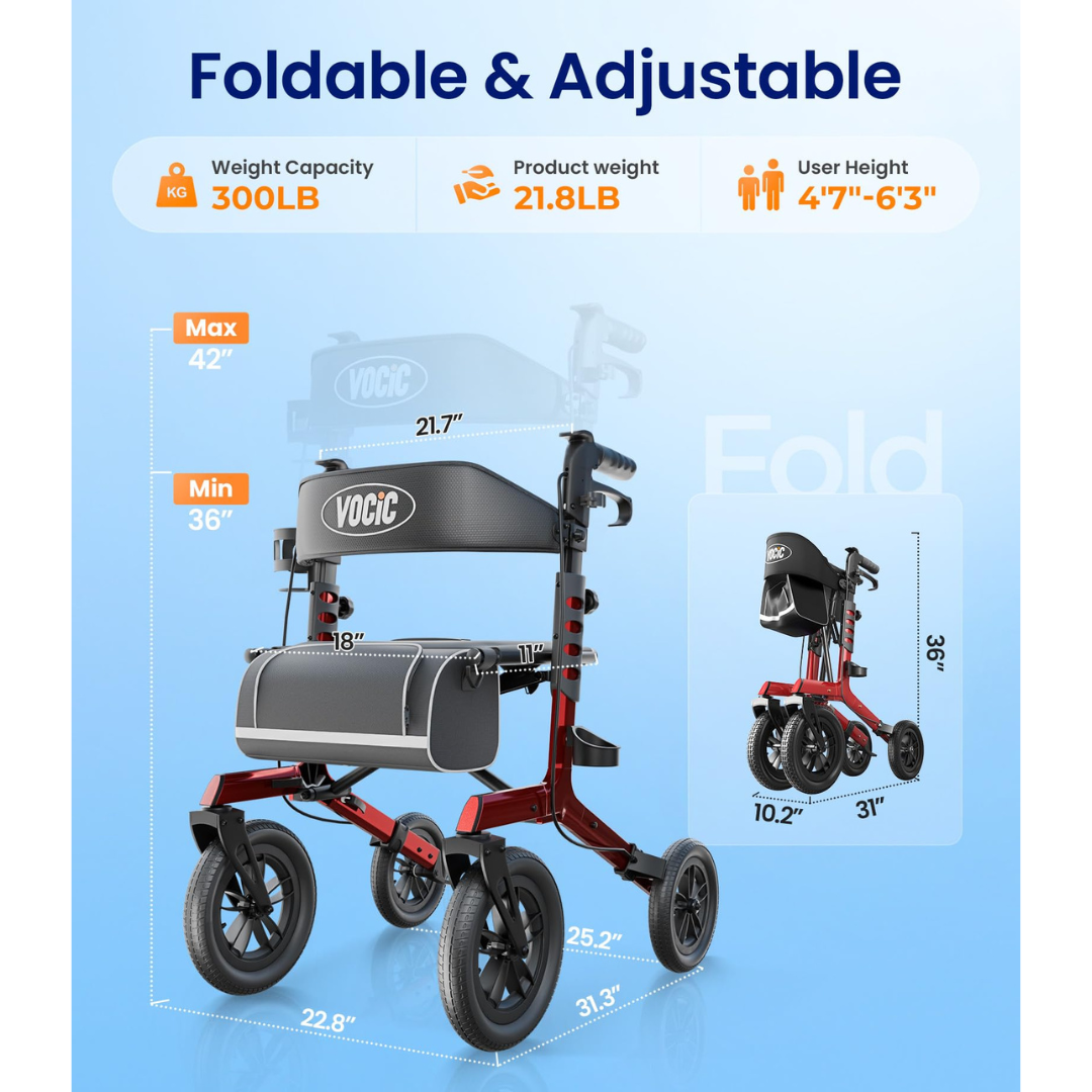 VOCIC Z57 Outdoor Rollator Walker featuring XL 12″ all-terrain wheels, a sturdy red and black foldable frame with seat, spacious storage pouch, and adjustable height. Product details highlight its high weight capacity, lightweight design, and compact folded size. The blue background displays clear product measurements, while additional sections offer detailed specifications and helpful instructional videos for easy use.
