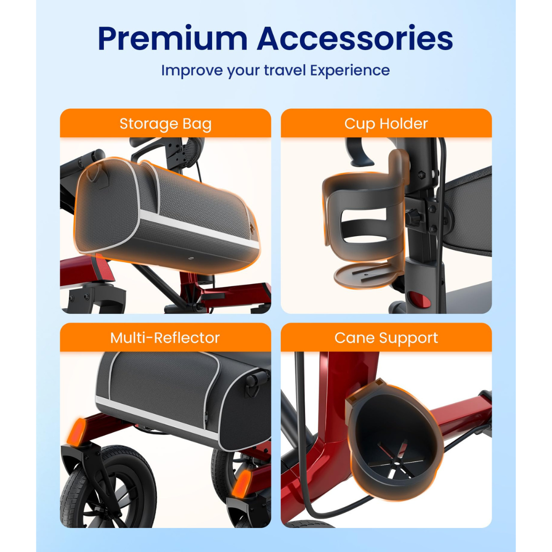 Four labeled images display premium accessories for the VOCIC Z57 Outdoor Rollator Walker with XL 12″ All Terrain Wheels: a storage bag, cup holder, multi-reflector, and cane support—each attached to the walker in highlighted sections. Text promotes these as must-have travel accessories, noting that product specifications and helpful setup videos are easily accessible for a seamless experience.