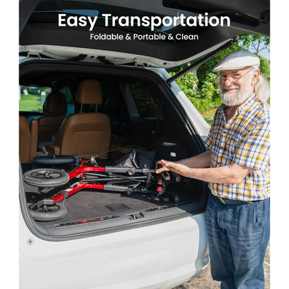 An older man smiles as he loads a folded VOCIC Z57 Outdoor Rollator Walker with XL 12″ All Terrain Wheels into the trunk of an SUV. The image text reads, Easy Transportation. Foldable & Portable & Clean. For more information, check out videos and specifications to see just how effortless travel can be.