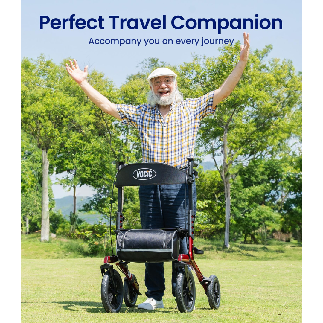 An older man with a long white beard stands smiling outdoors with arms raised, behind the VOCIC Z57 Outdoor Rollator Walker featuring XL 12″ All Terrain Wheels. The text above reads: Perfect Travel Companion—accompany you on every journey. Explore complete specifications and warranty details to ensure the VOCIC Z57 walker meets all your travel needs.