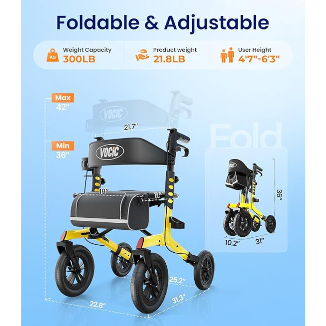 Outdoor Rollator Walker with XL 12″ All Terrain Wheels | VOCIC Z57 shown on a blue background; features a yellow and black foldable design with seat and storage bag, supports up to 300 lb, weighs 21.8 lb, adjustable height from 36″ to 42″, suitable for users 4′7″–6′3″. Specifications and key features are clearly displayed.