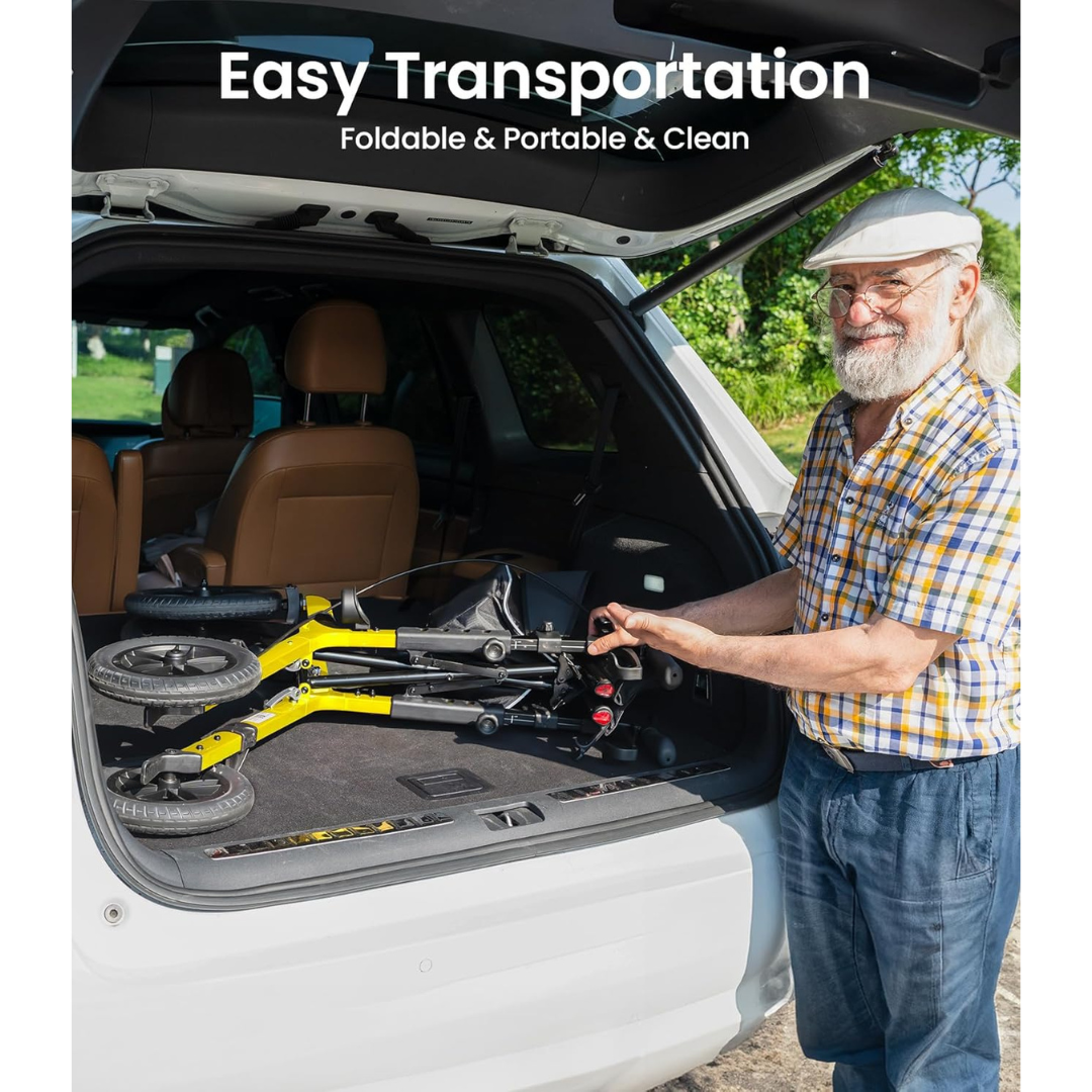 An older man loads a folded yellow Outdoor Rollator Walker with XL 12″ All Terrain Wheels (VOCIC Z57) into the trunk of an SUV. Text above reads, Easy Transportation: Foldable & Portable & Clean. For more details, see Specifications and helpful Videos for guidance.