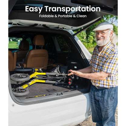 An older man loads a folded yellow Outdoor Rollator Walker with XL 12″ All Terrain Wheels (VOCIC Z57) into the trunk of an SUV. Text above reads, Easy Transportation: Foldable & Portable & Clean. For more details, see Specifications and helpful Videos for guidance.
