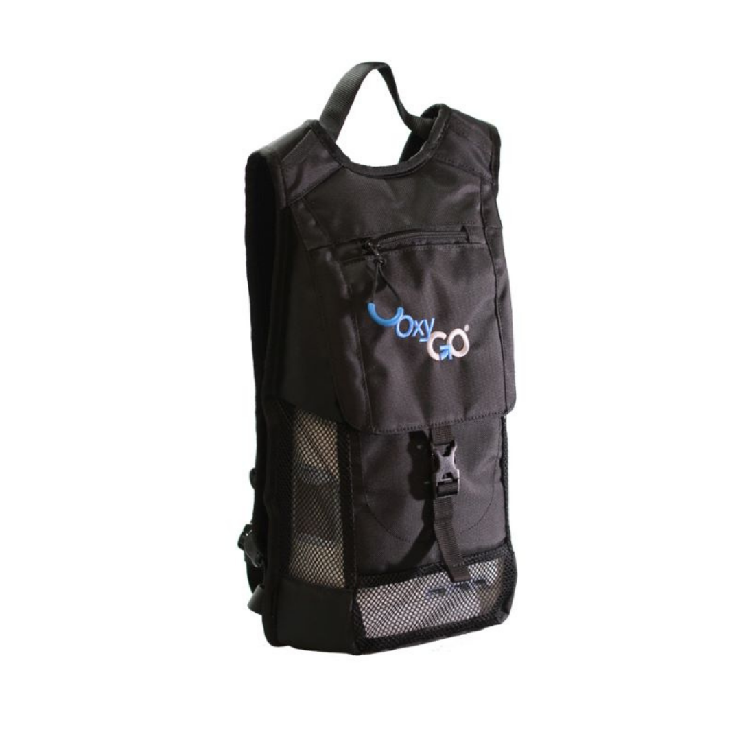 The OxyGo Next Slim Backpack is black with mesh side pockets, a front zipper pocket, and a buckle-secured flap. It displays the blue and white OxyGo logo on the front, offering a sleek and functional design.