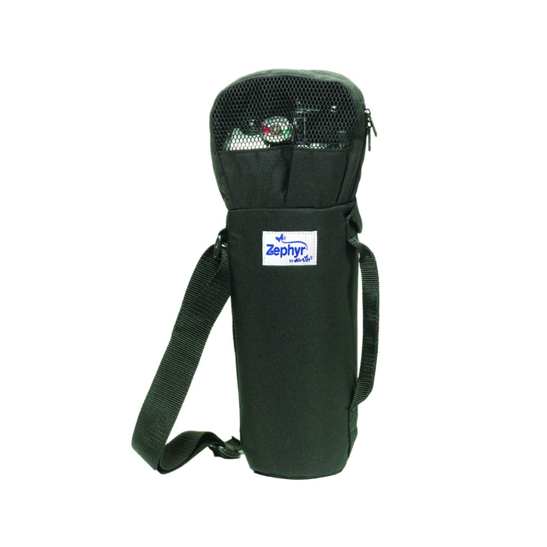 The Zephyr Oxygen Cylinder Shoulder Bag is a black insulated carrier with a shoulder strap, zippered mesh top, mesh viewing window, and Zephyr brand label on the front.