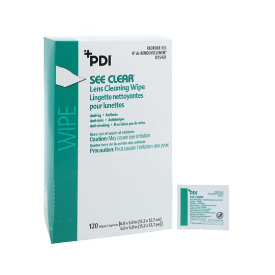 A box of PDI See Clear® Lens Cleaning Wipes contains 120 individually wrapped wipes for eyewear. The teal and white box shows details in English and French, with a single wipe packet displayed next to it.