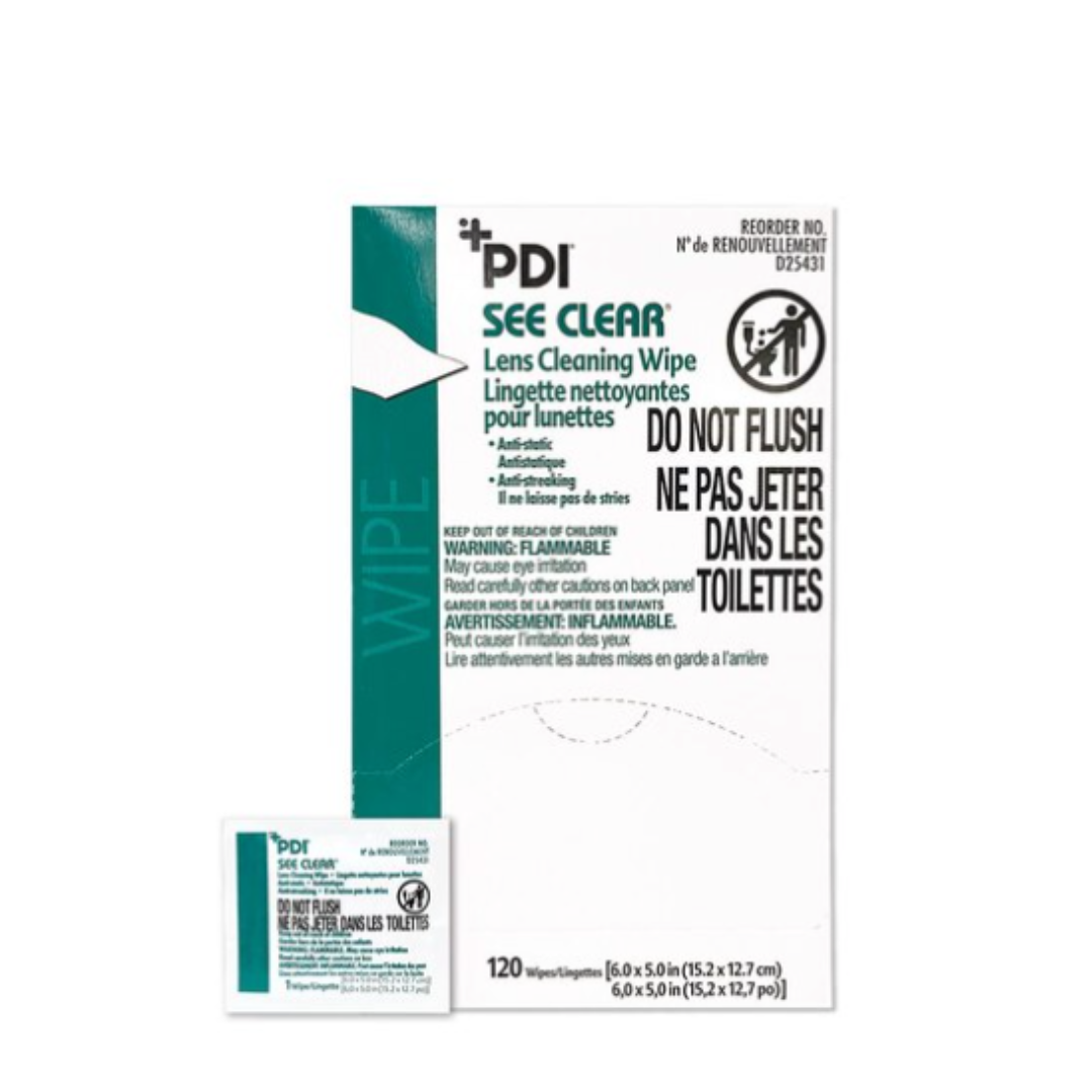 A box of PDI See Clear® Lens Cleaning Wipes, labeled in English and French with a bold DO NOT FLUSH warning, is shown with a single wipe packet in front—perfect for cleaning eyewear or optical equipment.