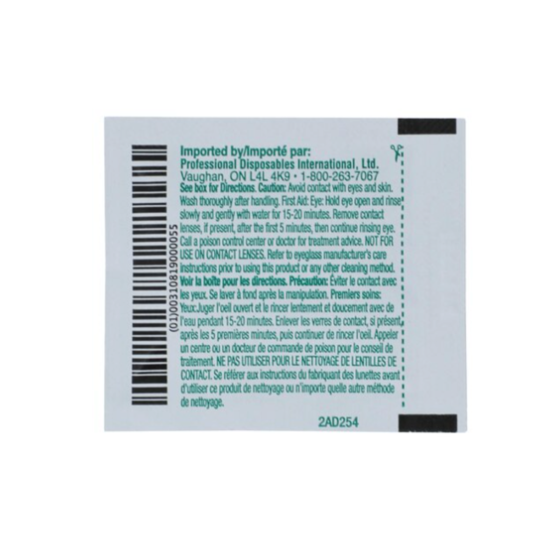 Back label of PDI See Clear® Lens Cleaning Wipes provides instructions and warnings in English and French, directions for use, caution statements, and manufacturer contact info. Text appears in black and teal on a white background.