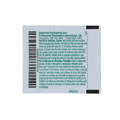 Back label of PDI See Clear® Lens Cleaning Wipes provides instructions and warnings in English and French, directions for use, caution statements, and manufacturer contact info. Text appears in black and teal on a white background.