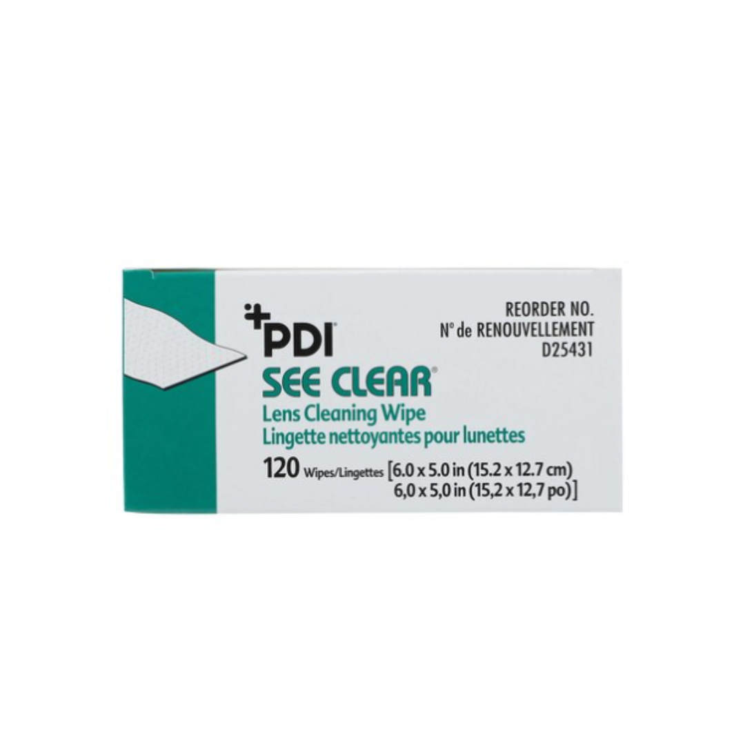 A box of PDI See Clear® Lens Cleaning Wipes contains 120 wipes, each 6.0 x 5.0 inches (15.2 x 12.7 cm), in a white and green, bilingual (English/French) box for effective eyewear cleaning.