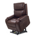 The Golden Tech PR448 Titan Recliner in brown leather offers lift assist, 4-Zone Comfort Zone Positioning, padded armrests, visible stitching, and a black metal base with a side pocket and wireless smartphone charger.