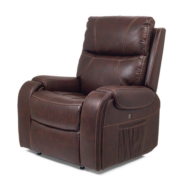 The Golden Tech PR448 Titan Recliner with Lift Assist & MaxiComfort® - Medium features brown leather, plush comfort with a cushioned backrest and armrests, a 4-Zone Comfort Zone Positioning System, visible stitching, side storage pocket, and a wireless smartphone charger against a white background.