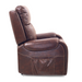 The Golden Tech PR448 Titan Recliner with Lift Assist & MaxiComfort® - Medium is shown in a side view. This brown leather chair has cushioned armrests, a stitched design, a side pocket, and includes a Wireless Smartphone Charger. Its positioned upright on a white background.