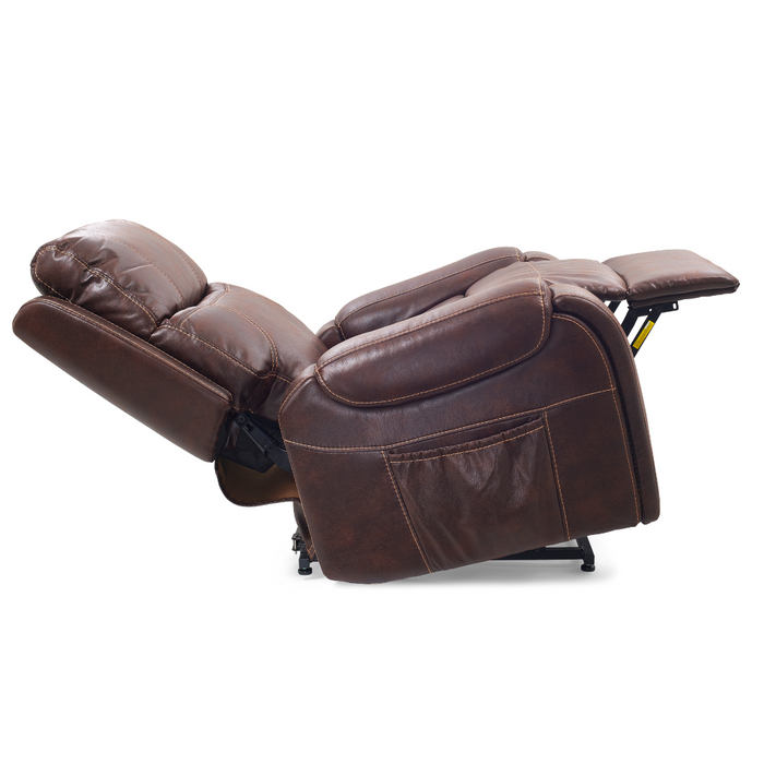 The Golden Tech PR448 Titan Recliner blends classic style and modern technology with plush brown leather, a footrest, side storage pocket, and a 4-Zone Comfort Zone Positioning System for ultimate relaxation. Its pictured fully reclined against a plain white background.