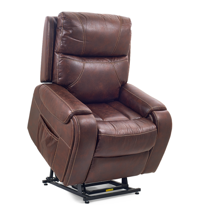 The Golden Tech PR448 Titan Recliner with Lift Assist & MaxiComfort® - Medium is a brown leather chair with padded back and armrests, manual controls, and a black metal base, shown partially reclined.