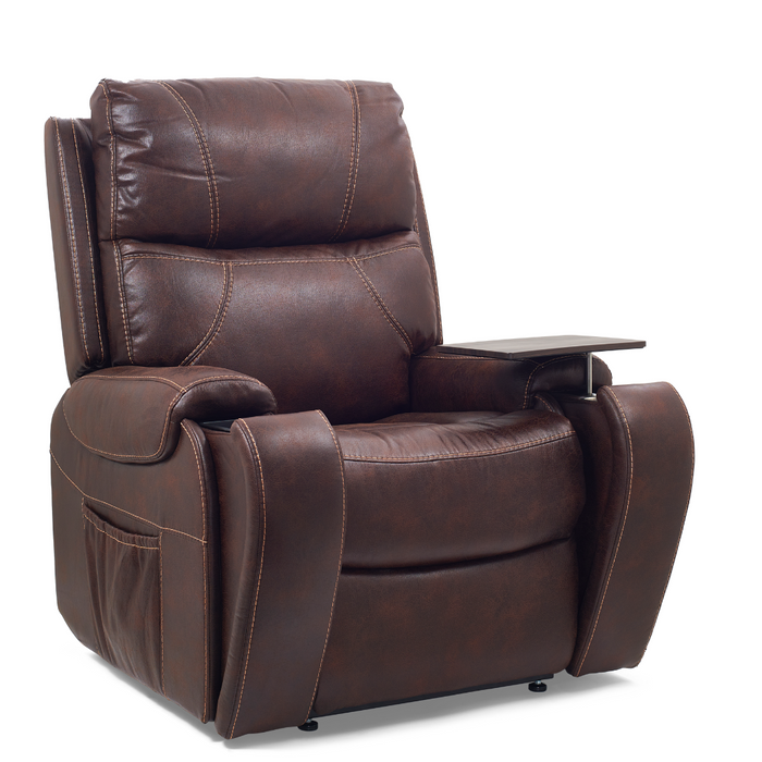 The Golden Tech PR448 Titan Recliner, Medium, with Lift Assist and MaxiComfort®, is a brown leather chair featuring cushioned back and seat, a side pocket, tray on the right armrest, visible stitching, and a 4-Zone Comfort Zone Positioning System for ultimate relaxation.