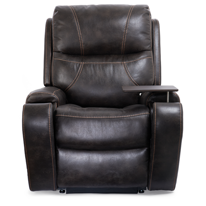 The Golden Tech PR448 Titan Recliner in dark brown features plush leather, prominent stitching, a detachable arm tray, and a wireless phone charger. With its modern design and lift assist, it’s perfect for relaxing or watching entertainment.