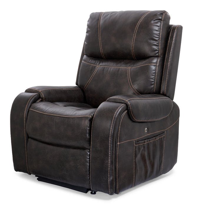 The Golden Tech PR448 Titan Recliner With Lift Assist & MaxiComfort® in dark brown leather boasts plush cushioning, a padded headrest, wide armrests, and a side pocket. Its 4-Zone Comfort Zone Positioning System and wireless smartphone charger enhance relaxation.