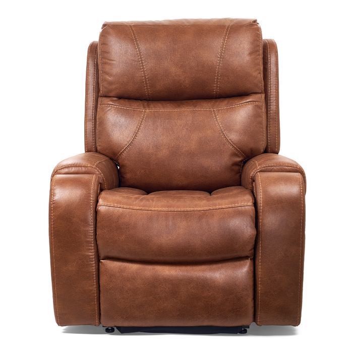 The Golden Tech PR448 Titan Recliner is a brown leather chair with plush padding, visible seams, and armrests. It features a classic design with a 4-Zone Comfort Zone Positioning System, combining elegance and functionality against a white background.