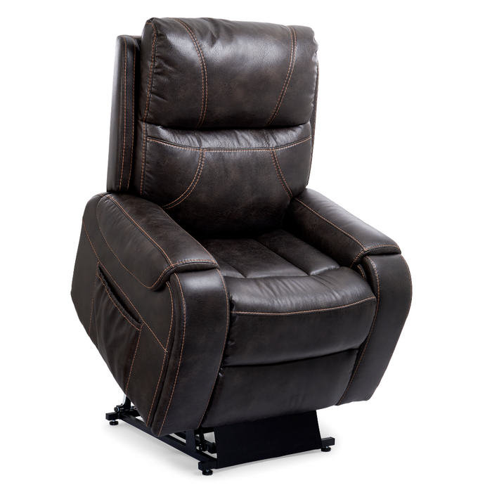 Introducing the Golden Tech PR448 Titan Recliner, a dark brown leather chair with visible stitching, thick cushions, and lift assist. It has a slightly elevated front, side pocket, and 4-Zone Comfort Zone Positioning System for ultimate relaxation, ensuring perfect comfort and support.