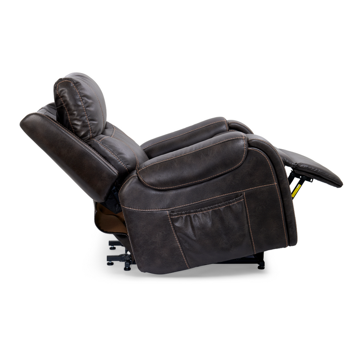 Side view of a dark brown Golden Tech PR448 Titan Power Lift Recliner in full recline, featuring plush cushions, a side pocket, and a leather-like finish with visible stitching. Includes a Wireless Smartphone Charger for convenience.