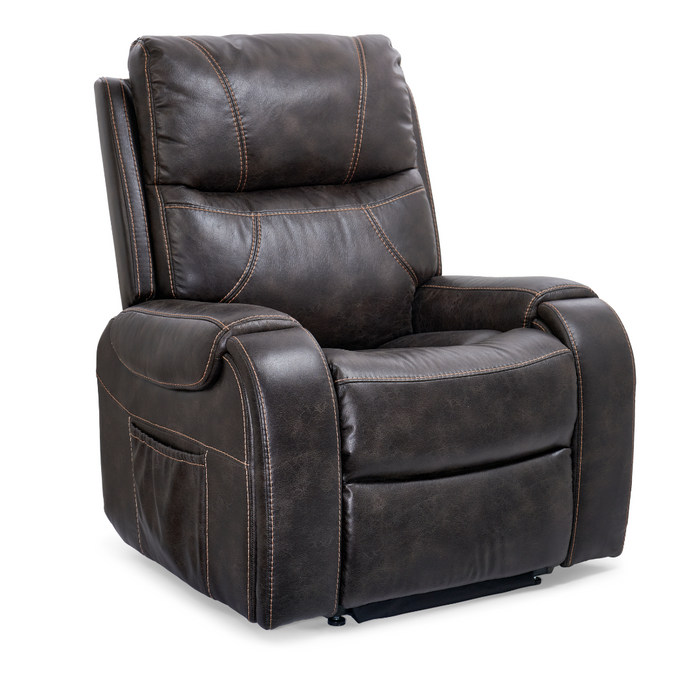 The Golden Tech PR448 Titan Recliner with Lift Assist & MaxiComfort® - Medium is a dark brown leather chair with visible stitching, cushioned armrests, and a side pocket. It offers 4-Zone Comfort Zone Positioning for ultimate relaxation and features a wireless smartphone charger for convenience.