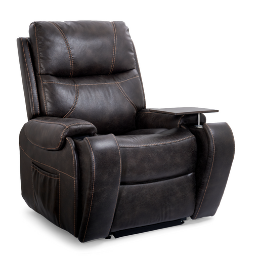 The Golden Tech PR448 Titan Recliner, in dark brown, features a cushioned headrest, armrests, and an attached side table. It includes one arm with a side pocket and wireless charging. The stable base provides 4-Zone Comfort Zone Positioning for ultimate relaxation.